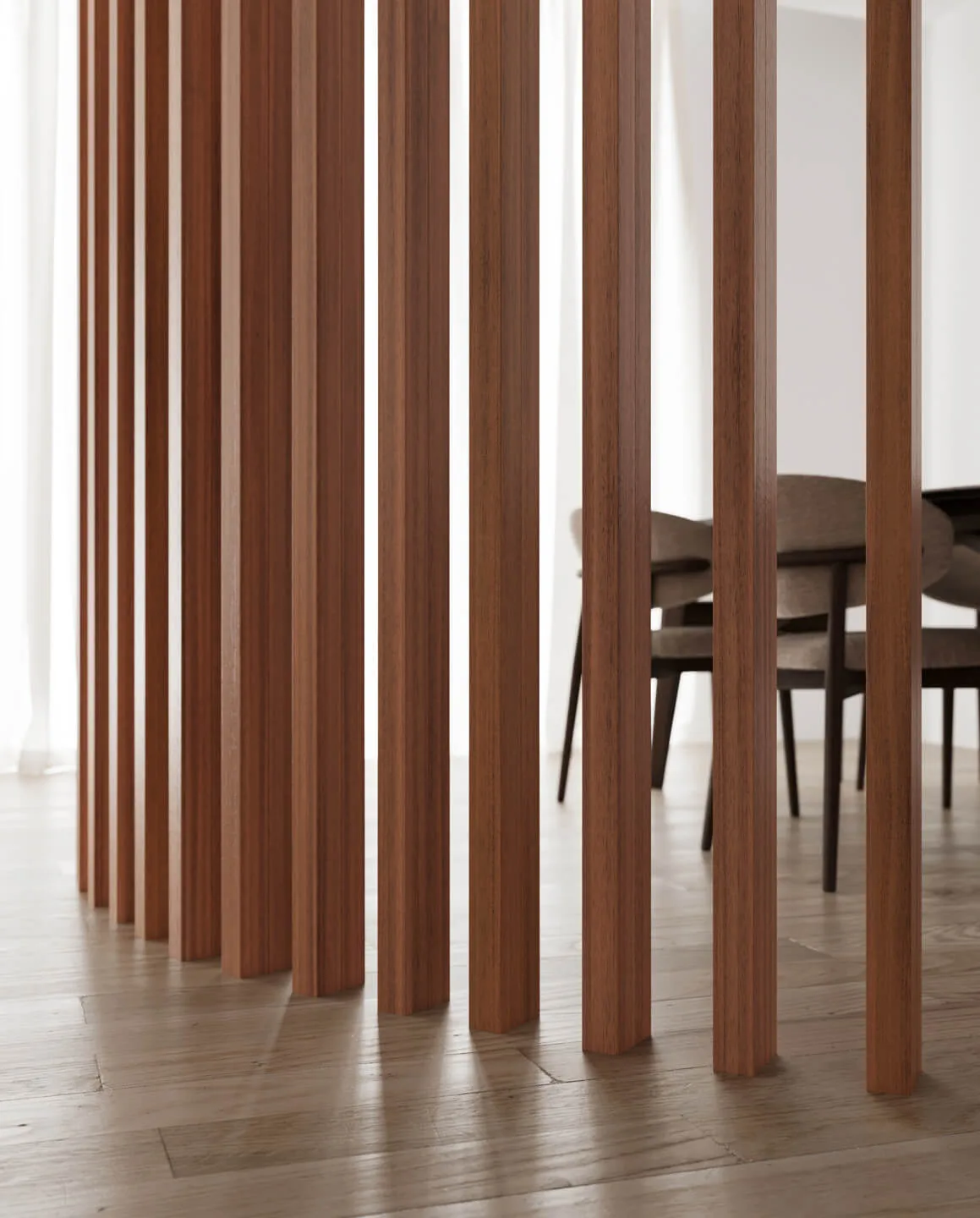 Claustra en lames de bois intégré dans un intérieur